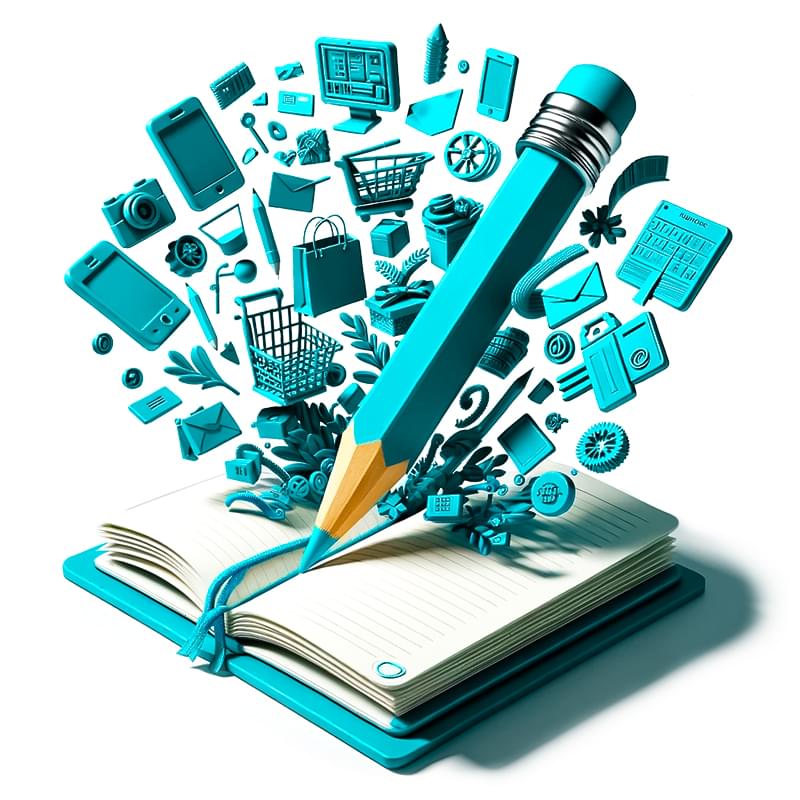 Obrazek notesu z ołówkiem wśród lewitujących przedmiotów